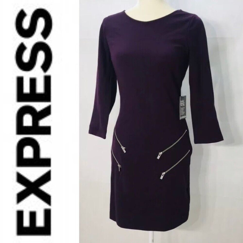 NWT EXPRESS Women’s Stretch Bodycon Purple Dress Size S Long Sleeves Knee Length